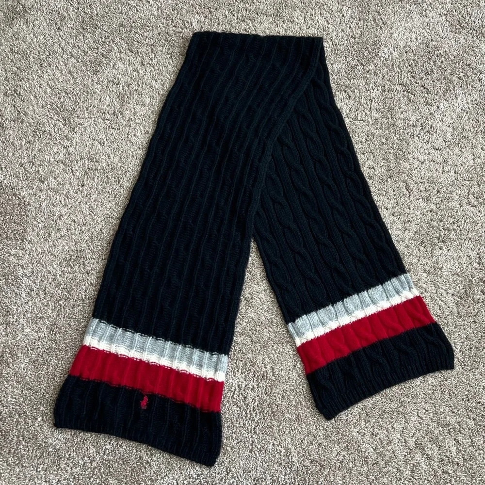 Polo Ralph Lauren Vintage Cable Knit Winter Scarf Wool Blend Black Red Grey RARE